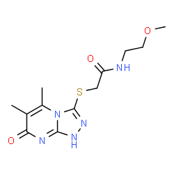 ChemSpider 2D Image | 2-[(5,6-Dimethyl-7-oxo-1,7-dihydro[1,2,4]triazolo[4,3-a]pyrimidin-3-yl)sulfanyl]-N-(2-methoxyethyl)acetamide | C12H17N5O3S