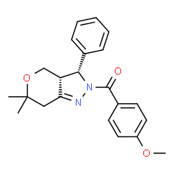 ChemSpider 2D Image | [(3R,3aR)-6,6-Dimethyl-3-phenyl-3a,4,6,7-tetrahydropyrano[4,3-c]pyrazol-2(3H)-yl](4-methoxyphenyl)methanone | C22H24N2O3