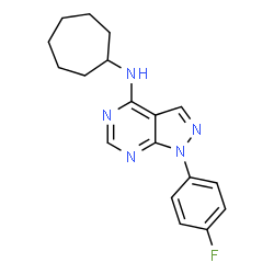 ChemSpider 2D Image | N-Cycloheptyl-1-(4-fluorophenyl)-1H-pyrazolo[3,4-d]pyrimidin-4-amine | C18H20FN5