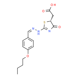 ChemSpider 2D Image | {(5R)-2-[(2Z)-2-(4-Butoxybenzylidene)hydrazino]-4-oxo-4,5-dihydro-1,3-thiazol-5-yl}acetic acid | C16H19N3O4S