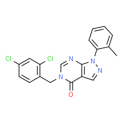 ChemSpider 2D Image | 5-(2,4-Dichlorobenzyl)-1-(2-methylphenyl)-1,5-dihydro-4H-pyrazolo[3,4-d]pyrimidin-4-one | C19H14Cl2N4O