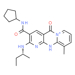 ChemSpider 2D Image | 2-[(2R)-2-Butanylamino]-3-(cyclopentylcarbamoyl)-10-methyl-5-oxo-5,11-dihydrodipyrido[1,2-a:2',3'-d]pyrimidin-6-ium | C22H28N5O2