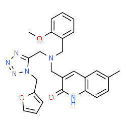 ChemSpider 2D Image | 3-{[{[1-(2-Furylmethyl)-1H-tetrazol-5-yl]methyl}(2-methoxybenzyl)amino]methyl}-6-methyl-2(1H)-quinolinone | C26H26N6O3