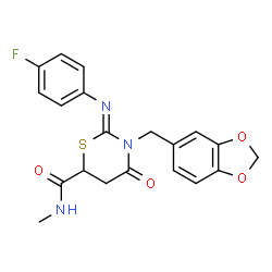 ChemSpider 2D Image | (2Z)-3-(1,3-Benzodioxol-5-ylmethyl)-2-[(4-fluorophenyl)imino]-N-methyl-4-oxo-1,3-thiazinane-6-carboxamide | C20H18FN3O4S