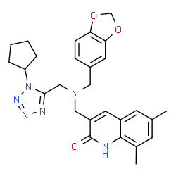 ChemSpider 2D Image | 3-({(1,3-Benzodioxol-5-ylmethyl)[(1-cyclopentyl-1H-tetrazol-5-yl)methyl]amino}methyl)-6,8-dimethyl-2(1H)-quinolinone | C27H30N6O3