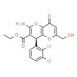 ChemSpider 2D Image | Ethyl (4R)-2-amino-4-(2,3-dichlorophenyl)-6-(hydroxymethyl)-8-oxo-4,8-dihydropyrano[3,2-b]pyran-3-carboxylate | C18H15Cl2NO6