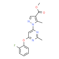 ChemSpider 2D Image | Methyl 1-[6-(2-fluorophenoxy)-2-methyl-4-pyrimidinyl]-5-methyl-1H-pyrazole-4-carboxylate | C17H15FN4O3