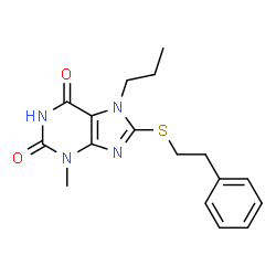 ChemSpider 2D Image | 3-Methyl-8-[(2-phenylethyl)sulfanyl]-7-propyl-3,7-dihydro-1H-purine-2,6-dione | C17H20N4O2S