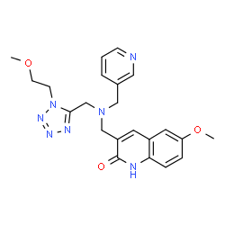 ChemSpider 2D Image | 6-methoxy-3-[[[1-(2-methoxyethyl)-5-tetrazolyl]methyl-(3-pyridinylmethyl)amino]methyl]-1H-quinolin-2-one | C22H25N7O3
