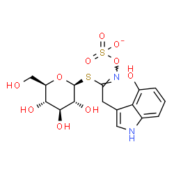 ChemSpider 2D Image | 1-S-[(1Z)-2-(4-Hydroxy-1H-indol-3-yl)-N-(sulfonatooxy)ethanimidoyl]-1-thio-beta-D-glucopyranose | C16H19N2O10S2