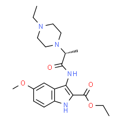 ChemSpider 2D Image | Ethyl 3-{[(2R)-2-(4-ethyl-1-piperazinyl)propanoyl]amino}-5-methoxy-1H-indole-2-carboxylate | C21H30N4O4
