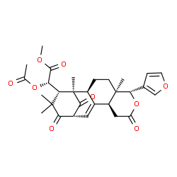 ChemSpider 2D Image | Methyl (2S)-acetoxy[(1R,2S,5R,6R,10S,13R,16S)-6-(3-furyl)-1,5,15,15-tetramethyl-8,14,17-trioxo-7-oxatetracyclo[11.3.1.0~2,11~.0~5,10~]heptadec-11-en-16-yl]acetate | C29H34O9