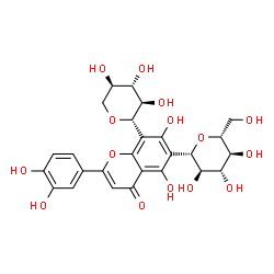 ChemSpider 2D Image | 2-(3,4-Dihydroxyphenyl)-5,7-dihydroxy-6-[(2S,3R,4R,5S,6R)-3,4,5-trihydroxy-6-(hydroxymethyl)tetrahydro-2H-pyran-2-yl]-8-[(2S,3R,4S,5R)-3,4,5-trihydroxytetrahydro-2H-pyran-2-yl]-4H-chromen-4-one (non-p
referred name) | C26H28O15
