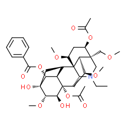 ChemSpider 2D Image | (3alpha,6alpha,14beta,15alpha,16beta)-3,8-Diacetoxy-20-ethyl-13,15-dihydroxy-1,6,16-trimethoxy-4-(methoxymethyl)aconitan-14-yl benzoate | C36H49NO12