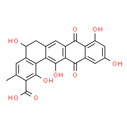 ChemSpider 2D Image | 1,5,9,11,14-Pentahydroxy-3-methyl-8,13-dioxo-5,6,8,13-tetrahydrobenzo[a]tetracene-2-carboxylic acid | C24H16O9