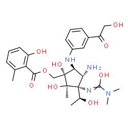 ChemSpider 2D Image | N'-[(1R,2R,3S,4S,5S)-5-Amino-4-[(3-glycoloylphenyl)amino]-2,3-dihydroxy-1-[(1S)-1-hydroxyethyl]-3-{[(2-hydroxy-6-methylbenzoyl)oxy]methyl}-2-methylcyclopentyl]-N,N-dimethylcarbamimidic acid | C28H38N4O9