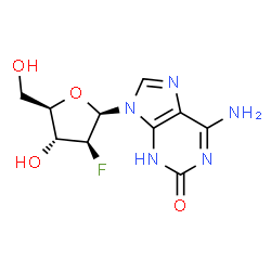 ChemSpider 2D Image | 6-Amino-9-(2-deoxy-2-fluoro-beta-D-arabinofuranosyl)-3,9-dihydro-2H-purin-2-one | C10H12FN5O4
