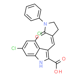 ChemSpider 2D Image | 4,6-Dichloro-3-[(Z)-(2-oxo-1-phenyl-3-pyrrolidinylidene)methyl]-1H-indole-2-carboxylic acid | C20H14Cl2N2O3