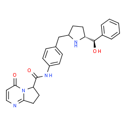 ChemSpider 2D Image | N-[4-({(5R)-5-[(R)-Hydroxy(phenyl)methyl]-2-pyrrolidinyl}methyl)phenyl]-4-oxo-4,6,7,8-tetrahydropyrrolo[1,2-a]pyrimidine-6-carboxamide | C26H28N4O3