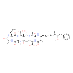 ChemSpider 2D Image | (5R,8R,11R,12S,15S,18S,19S,22R)-8-Isobutyl-18-[(1E,3E,5S,6S)-6-methoxy-3,5-dimethyl-7-phenyl-1,3-heptadien-1-yl]-1,5,12,15,19-pentamethyl-2-methylene-3,6,9,13,16,20,25-heptaoxo-1,4,7,10,14,17,21-hepta
azacyclopentacosane-11,22-dicarboxylic acid | C46H67N7O12