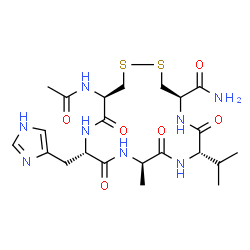 ChemSpider 2D Image | (4R,7S,10R,13S,16R)-16-Acetamido-13-(1H-imidazol-4-ylmethyl)-7-isopropyl-10-methyl-6,9,12,15-tetraoxo-1,2-dithia-5,8,11,14-tetraazacycloheptadecane-4-carboxamide | C22H34N8O6S2