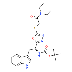 ChemSpider 2D Image | 2-Methyl-2-propanyl [(1S)-1-(5-{[2-(diethylamino)-2-oxoethyl]sulfanyl}-1,3,4-oxadiazol-2-yl)-2-(1H-indol-3-yl)ethyl]carbamate | C23H31N5O4S