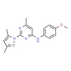ChemSpider 2D Image | 2-(3,5-Dimethyl-1H-pyrazol-1-yl)-N-(4-methoxyphenyl)-6-methyl-4-pyrimidinamine | C17H19N5O