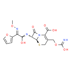 ChemSpider 2D Image | (6S,7R)-7-{[(2E)-2-(2-Furyl)-1-hydroxy-2-(methoxyimino)ethylidene]amino}-3-{[hydroxy(imino)methoxy]methyl}-8-oxo-5-thia-1-azabicyclo[4.2.0]oct-2-ene-2-carboxylic acid | C16H16N4O8S