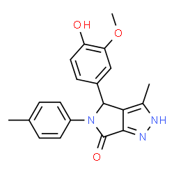 ChemSpider 2D Image | 4-(4-Hydroxy-3-methoxyphenyl)-3-methyl-5-(4-methylphenyl)-4,5-dihydropyrrolo[3,4-c]pyrazol-6(2H)-one | C20H19N3O3