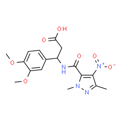 ChemSpider 2D Image | 3-(3,4-Dimethoxyphenyl)-3-{[(1,3-dimethyl-4-nitro-1H-pyrazol-5-yl)carbonyl]amino}propanoic acid | C17H20N4O7