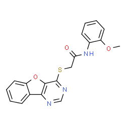 ChemSpider 2D Image | 2-([1]Benzofuro[3,2-d]pyrimidin-4-ylsulfanyl)-N-(2-methoxyphenyl)acetamide | C19H15N3O3S