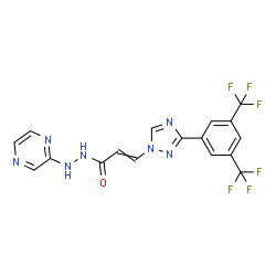 ChemSpider 2D Image | 3-{3-[3,5-Bis(trifluoromethyl)phenyl]-1H-1,2,4-triazol-1-yl}-N'-(2-pyrazinyl)acrylohydrazide | C17H11F6N7O