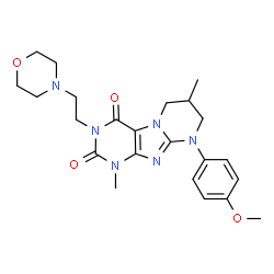 ChemSpider 2D Image | 9-(4-Methoxyphenyl)-1,7-dimethyl-3-[2-(4-morpholinyl)ethyl]-6,7,8,9-tetrahydropyrimido[2,1-f]purine-2,4(1H,3H)-dione | C23H30N6O4