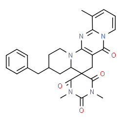 ChemSpider 2D Image | 3-Benzyl-1',3',12-trimethyl-2,3,4,4a-tetrahydro-1H,2'H,6H,7H-spiro[pyrido[1',2':1,2]pyrimido[5,4-c]quinolizine-5,5'-pyrimidine]-2',4',6',7(1'H,3'H)-tetrone | C28H29N5O4