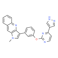 ChemSpider 2D Image | 1-Methyl-3-(3-{[4-(1H-pyrazol-4-yl)-2-pyrimidinyl]oxy}phenyl)-1H-pyrrolo[3,2-b]quinoline | C25H18N6O