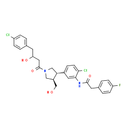ChemSpider 2D Image | N-{2-Chloro-5-[(3S,4R)-1-[4-(4-chlorophenyl)-3-hydroxybutanoyl]-4-(hydroxymethyl)-3-pyrrolidinyl]phenyl}-2-(4-fluorophenyl)acetamide | C29H29Cl2FN2O4
