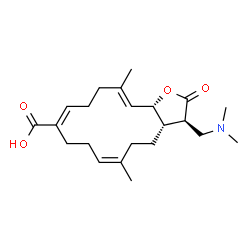 ChemSpider 2D Image | (3R,3aS,6Z,10E,14E,15aR)-3-[(Dimethylamino)methyl]-6,14-dimethyl-2-oxo-2,3,3a,4,5,8,9,12,13,15a-decahydrocyclotetradeca[b]furan-10-carboxylic acid | C22H33NO4