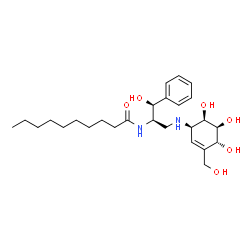 ChemSpider 2D Image | N-[(1S,2R)-1-Hydroxy-1-phenyl-3-{[(1R,4R,5S,6R)-4,5,6-trihydroxy-3-(hydroxymethyl)-2-cyclohexen-1-yl]amino}-2-propanyl]decanamide | C26H42N2O6