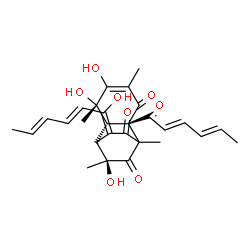 ChemSpider 2D Image | (2S,6S,7S,9S,12Z)-2-[(2E,4E)-2,4-Hexadienoyl]-5,6,9-trihydroxy-12-[(2E,4E)-1-hydroxy-2,4-hexadien-1-ylidene]-1,4,6,9-tetramethyltricyclo[6.2.2.0~2,7~]dodec-4-ene-3,10,11-trione | C28H32O8