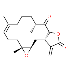 ChemSpider 2D Image | (1aR,4Z,9R,13aS,14aR)-1a,5,9-Trimethyl-13-methylene-2,3,6,7,8,9,13,13a,14,14a-decahydrooxireno[4,5]cyclotetradeca[1,2-b]furan-10,12(1aH,10aH)-dione | C20H28O4