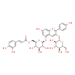 ChemSpider 2D Image | 5-({6-O-[(2E)-3-(3,4-Dihydroxyphenyl)-2-propenoyl]-beta-D-glucopyranosyl}oxy)-7-hydroxy-2-(4-hydroxyphenyl)-3-chromeniumyl beta-D-glucopyranoside | C36H37O18