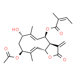 ChemSpider 2D Image | (3aS,4R,5E,7S,9S,10E,11aR)-9-Acetoxy-7-hydroxy-6,10-dimethyl-3-methylene-2-oxo-2,3,3a,4,7,8,9,11a-octahydrocyclodeca[b]furan-4-yl (2Z)-2-methyl-2-butenoate | C22H28O7