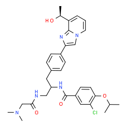 ChemSpider 2D Image | 3-Chloro-N-{1-[(N,N-dimethylglycyl)amino]-3-(4-{8-[(1S)-1-hydroxyethyl]imidazo[1,2-a]pyridin-2-yl}phenyl)-2-propanyl}-4-isopropoxybenzamide | C32H38ClN5O4