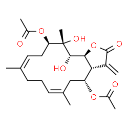 ChemSpider 2D Image | (3aR,4R,6Z,10Z,13R,14R,15S,15aS)-14,15-Dihydroxy-6,10,14-trimethyl-3-methylene-2-oxo-2,3,3a,4,5,8,9,12,13,14,15,15a-dodecahydrocyclotetradeca[b]furan-4,13-diyl diacetate | C24H34O8