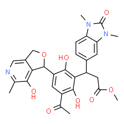 ChemSpider 2D Image | Methyl 3-[3-acetyl-2,6-dihydroxy-5-(7-hydroxy-6-methyl-1,3-dihydrofuro[3,4-c]pyridin-1-yl)phenyl]-3-(1,3-dimethyl-2-oxo-2,3-dihydro-1H-benzimidazol-5-yl)propanoate | C29H29N3O8