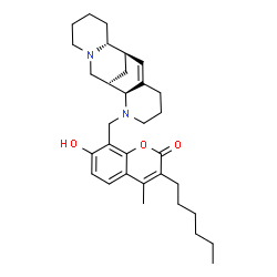 ChemSpider 2D Image | 8-[(2S,9R,10R)-3,15-Diazatetracyclo[7.7.1.0~2,7~.0~10,15~]heptadec-7-en-3-ylmethyl]-3-hexyl-7-hydroxy-4-methyl-2H-chromen-2-one | C32H44N2O3