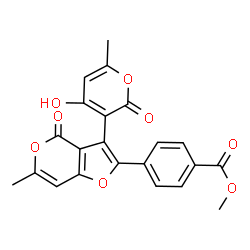 ChemSpider 2D Image | Methyl 4-[3-(4-hydroxy-6-methyl-2-oxo-2H-pyran-3-yl)-6-methyl-4-oxo-4H-furo[3,2-c]pyran-2-yl]benzoate | C22H16O8