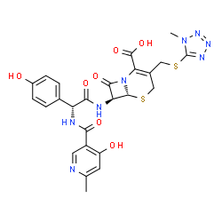 ChemSpider 2D Image | (6R,7S)-7-{[(2R)-2-{[(4-Hydroxy-6-methyl-3-pyridinyl)carbonyl]amino}-2-(4-hydroxyphenyl)acetyl]amino}-3-{[(1-methyl-1H-tetrazol-5-yl)sulfanyl]methyl}-8-oxo-5-thia-1-azabicyclo[4.2.0]oct-2-ene-2-carbox
ylic acid | C25H24N8O7S2