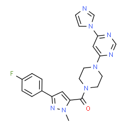 ChemSpider 2D Image | [3-(4-Fluorophenyl)-1-methyl-1H-pyrazol-5-yl]{4-[6-(1H-imidazol-1-yl)-4-pyrimidinyl]-1-piperazinyl}methanone | C22H21FN8O