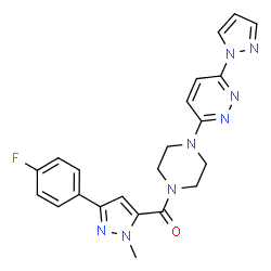ChemSpider 2D Image | [3-(4-Fluorophenyl)-1-methyl-1H-pyrazol-5-yl]{4-[6-(1H-pyrazol-1-yl)-3-pyridazinyl]-1-piperazinyl}methanone | C22H21FN8O